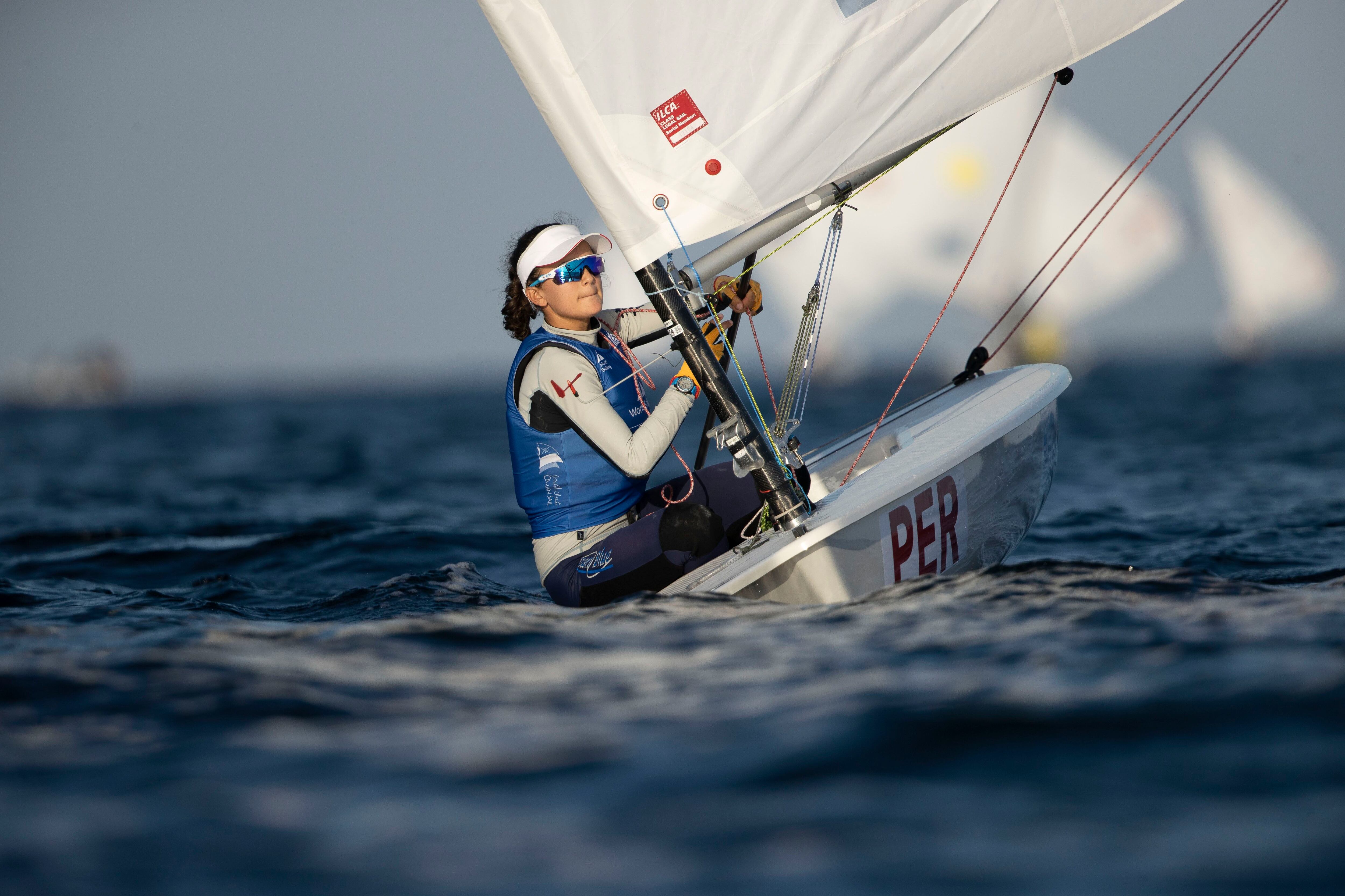 MUSCAT, OMAN - DECEMBER 15: Florencia Chiarella from Peru on day 3 of racing in the ILCA 6 Laser dingy fleet at The 2021 Youth Sailing World Championships presented by Hempel, Al Mussanah, on December 15, 2021 in Muscat, Oman. (Photo by Lloyd Images/Getty Images)