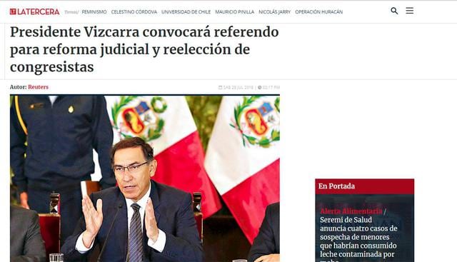 El diario chileno "La Tercera" informó de esta manera el anuncio de Martín Vizcarra. (Foto: Captura)