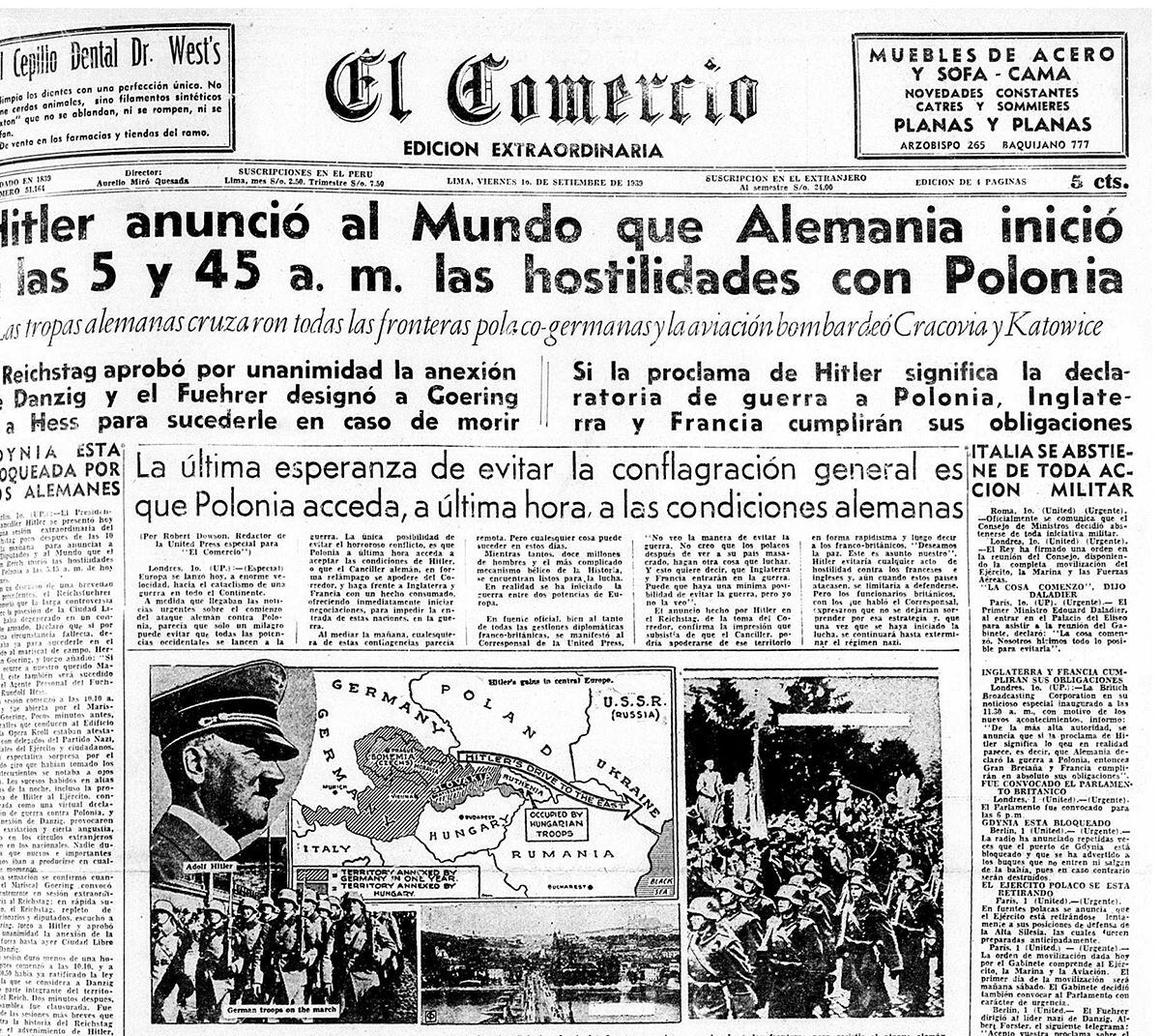 El Comercio broke the news to Peru: the second great war was beginning in Europe.  (Photo: GEC Historical Archive)  