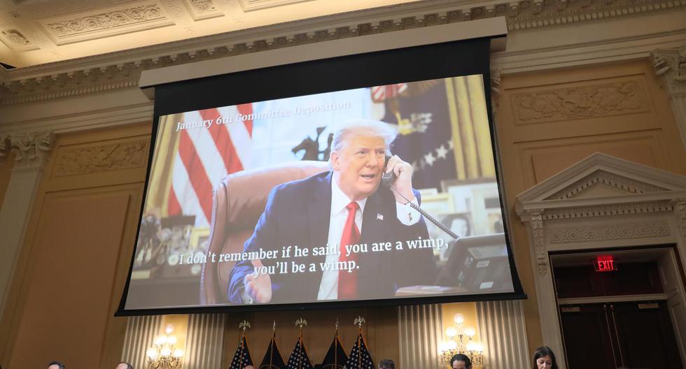 Una imagen del expresidente de Estados Unidos, Donald Trump, durante la audiencia final del Comité Selecto de la Cámara de Representantes para investigar el asalto al Capitolio. (EFE/EPA/MICHAEL REYNOLDS).