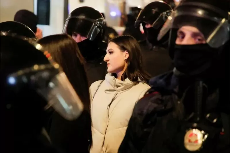 An anti-war protester is arrested in St. Petersburg this week.  REUTERS