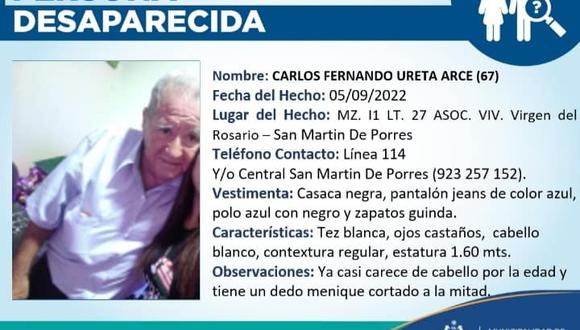 Carlos Fernando Ureta desapareció el pasado lunes cinco de setiembre en el sector Virgen del Rosario, en San Martín de Porres