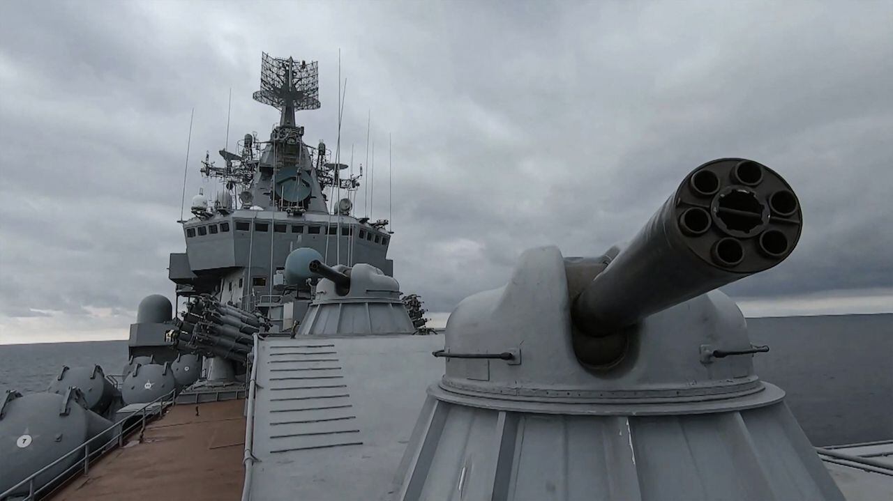 This video capture taken and released by the Russian Defense Ministry on February 18, 2022, shows the Russian cruiser 