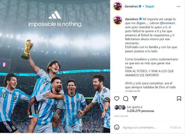 El posteo de Dani Alves para Messi luego de que el argentino consiguiera el título mundial. 