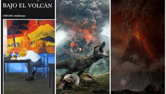 Portada de la novela "Bajo el volcán" por Malcolm Lowry, escena de "Jurassic World: Fallen Kingdom" donde erupciona un volcán y finalmente el famoso Monte del Destino de "El señor de los anillos".  (Foto: TusQuets/Universal Pictures/	
New Line Cinema)