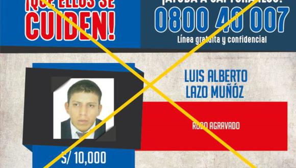 Luis Alberto Lazo Muñoz (25) era buscado por robo agravado en el Callao. (Difusión)