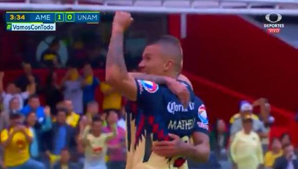 El colombiano Mateus Uribe abrió el marcador para las 'Águilas' del América, apenas a los 3 minutos de juego, luego de robar un balón en la mitad de la cancha. (Foto: captura)