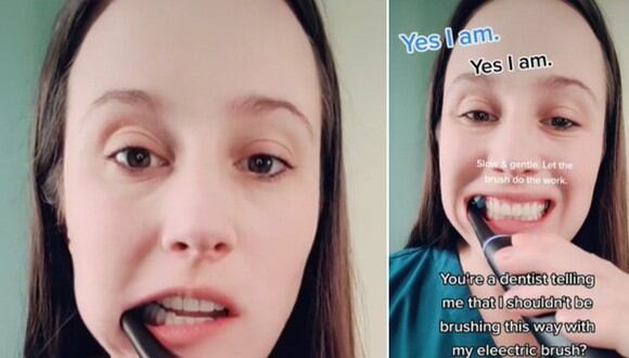 En esta imagen se aprecia a la dentista revelando la forma correcta de usar un cepillo de dientes eléctrico. (Foto: @themamadentist / TikTok)