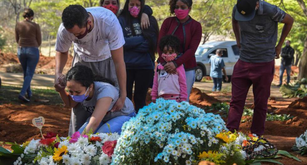 Familiares lloran durante el entierro de Maria Joana Nascimento, de 65 años, quien murió presuntamente por el nuevo coronavirus, en el cementerio de Vila Formosa, en las afueras de Sao Paulo, Brasil. (Foto: AFP / NELSON ALMEIDA).