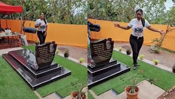 VIDEO VIRAL | La mujer bailaba y tomaba alcohol mientras daba vueltas a la lápida de su padre. (Foto: @toocuteshanz/TikTok)