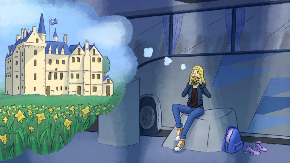 "Aquí estaba yo, comiendo una hamburguesa grasienta en la madrugada, diciéndome a mí misma que era afortunada por evitar una noche en un gran castillo". (Foto: Sarah Dousse)