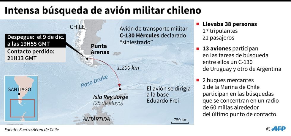 Mapa de la región en donde desapareció un avión militar chileno el lunes 9 de diciembre. (AFP)
