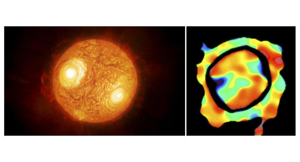 Fotografía facilitada por el Observatorio Austral Europeo (ESO) de la estrella supergigante roja Antares (i) en la constelación de Escorpio y el mapa de las velocidades (d) del material en la atmósfera de esta estrella. (Foto: EFE/M. Kornmesser/K. Ohnakaslds)