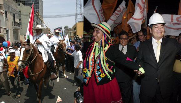 El excongresista Luis Guerrero (izquierda) acudió montado en un caballo al JEE en enero del 2006 para inscribir su candidatura presidencial por el desaparecido partido Perú Ahora. En el 2011, Carlos Zúñiga (derecha) encabezó un animoso pasacalle antes de registrar su fórmula por el partido Sí Cumple.  (Fotos: El Comercio)