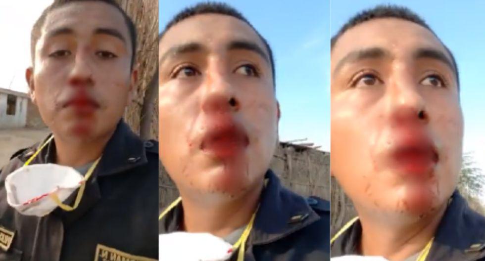 Piura. El alférez PNP Guillermo Guzmán resultó con fisura en el tabieque. (Captura de video)
