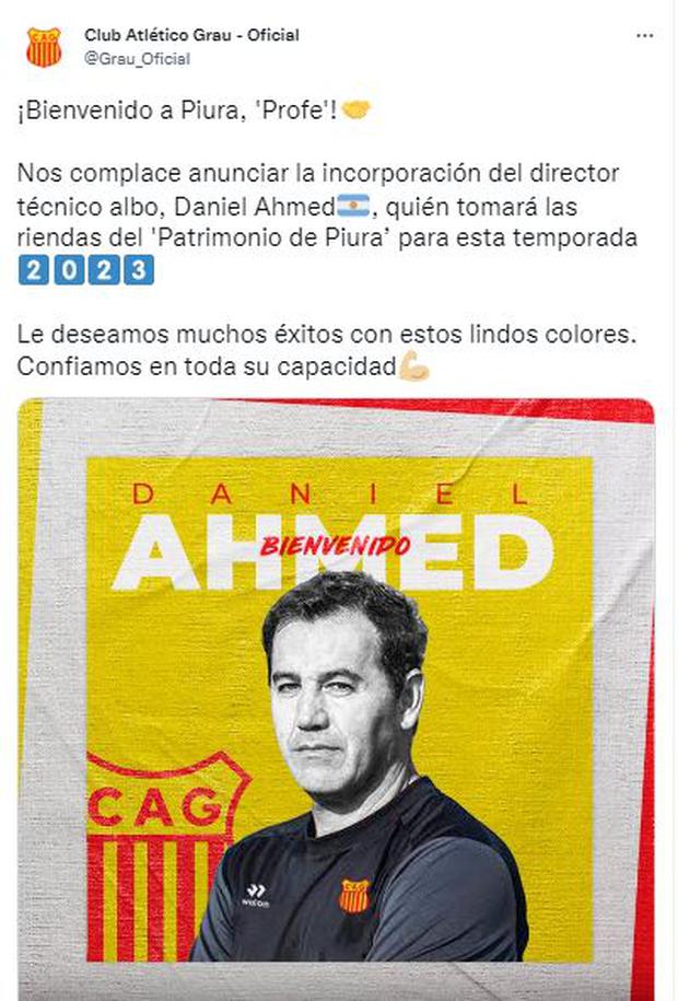 La publicación de Atlético Grau anunciando a Daniel Ahmed.