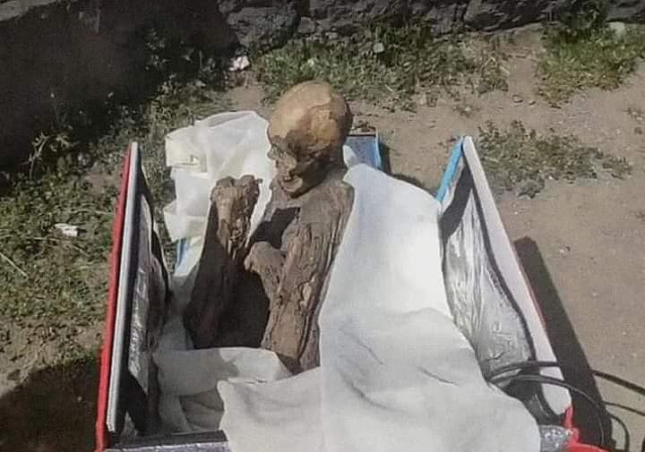 Dentro de una caja de delivery de color rojo con la descripción ‘Pedidos Ya’, se observaron restos humanos en posición fetal y tejidos blandos con características correspondientes a una momia.