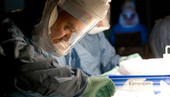 Un científico, vestido con un equipo de protección, toma muestras de sangre y órganos para buscar anticuerpos contra el virus de Marburg en un murciélago el 15 de agosto de 2007, en Uganda.
(Foto: CHRISTOPHER BLACK / WORLD HEALTH ORGANIZATION / AFP)