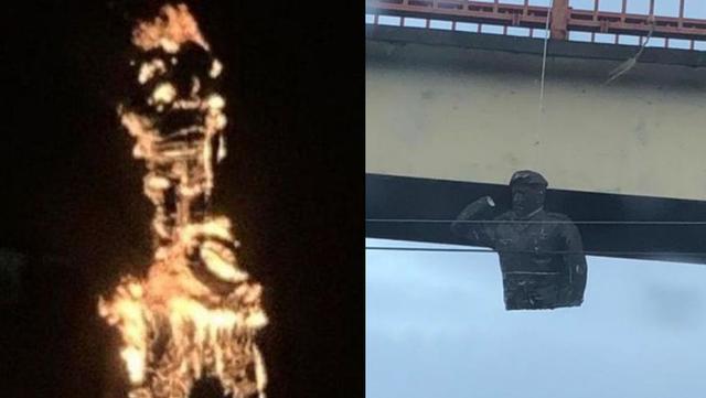 Así quedó la estatua de Hugo Chávez tras las protestas. (Captura de Video // Twitter)
