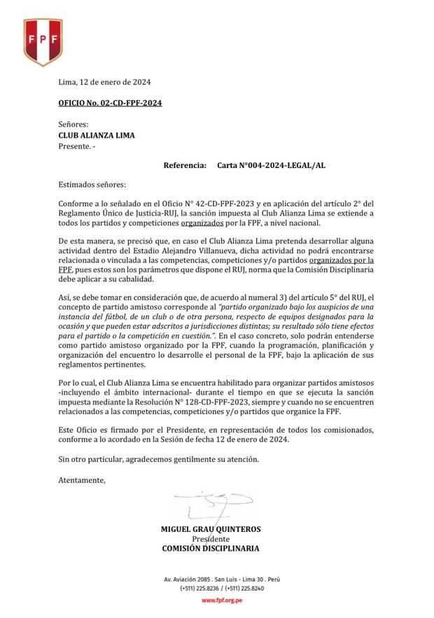 CD-FPF envía carta aclarando el castigo a Alianza Lima.