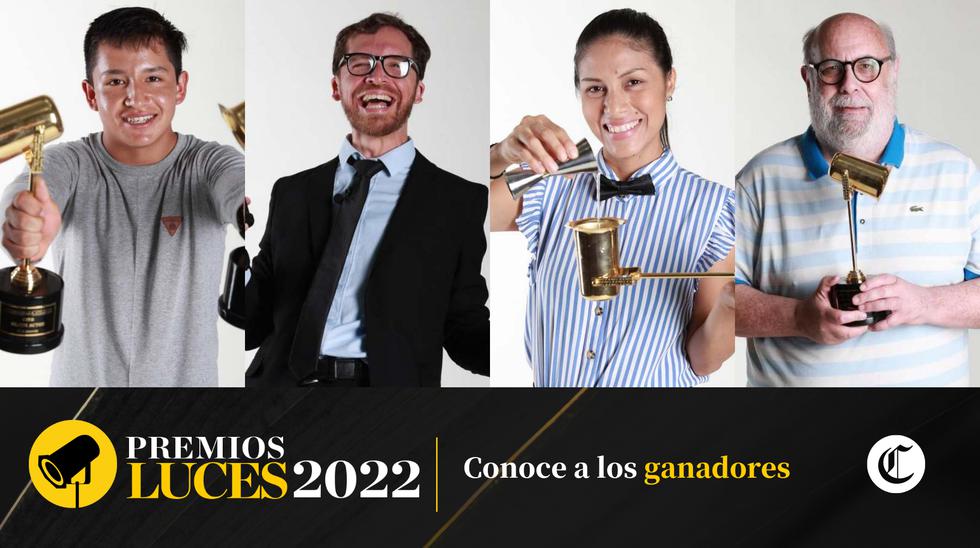 De izquierda a derecha Víctor Acurio, Luis Carlos Burneo, Fiorella Larrea y Alberto Isola; ganadores en los Premios Luces 2022.
