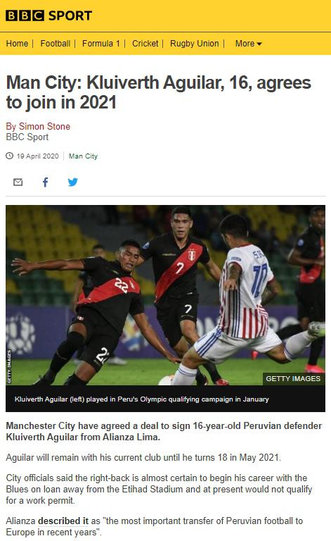 BBC de Londres informó sobre la transferencia de Kluiverth Aguilar al City Football Group.