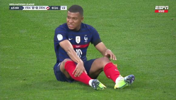 Kylian Mbappé se lesionó durante el Francia vs. Dinamarca. (Captura ESPN)