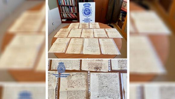 La Policía Nacional ha recuperado en Badajoz, en colaboración con la Organización Internacional de Policía Criminal (Interpol) y con la ·Embajada de Perú en España, un total de 28 manuscritos originales de la época del Virreinato del Perú, textos de gran valor histórico que habían sido puestos a la venta a través de Internet. (EFE/ Policía Nacional).