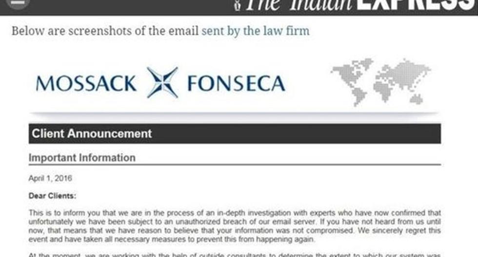 El correo electrónico enviado por Mossack Fonseca a sus clientes. (Foto: The Indian Express)