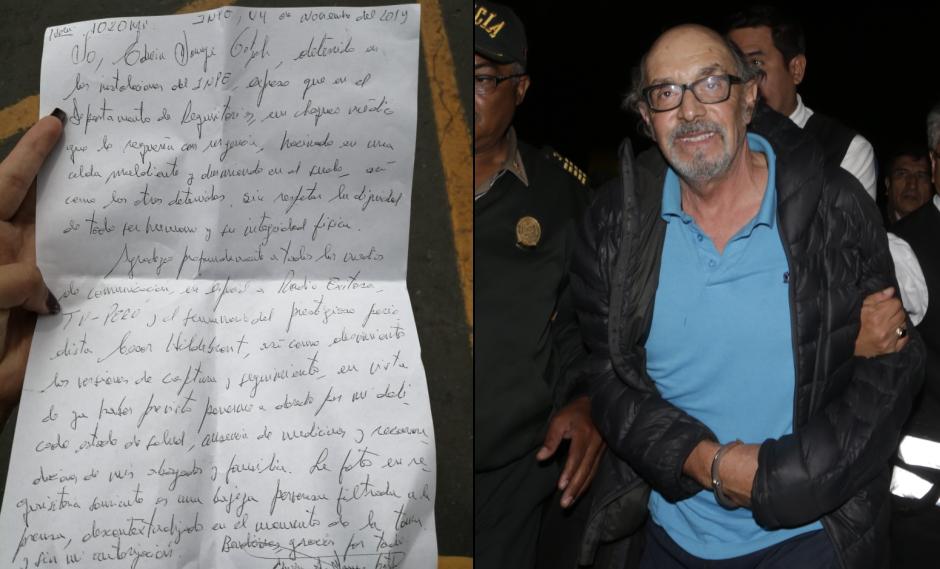 Excongresista compartió una carta en la que denuncia presunto maltrato en la instalación de la Policía Nacional. (Foto: @Brianmatico / GEC)