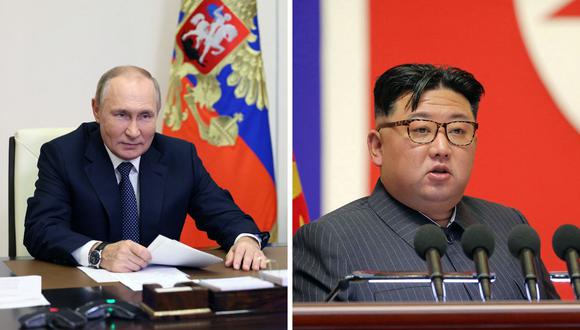 El líder de Corea del Norte, Kim Jong-un, envía saludos al presidente ruso, Vladimir Putin, por su cumpleaños número 70.  (Foto compuesta de Gavriil GRIGOROV / SPUTNIK /STR / KCNA VIA KNS / AFP)