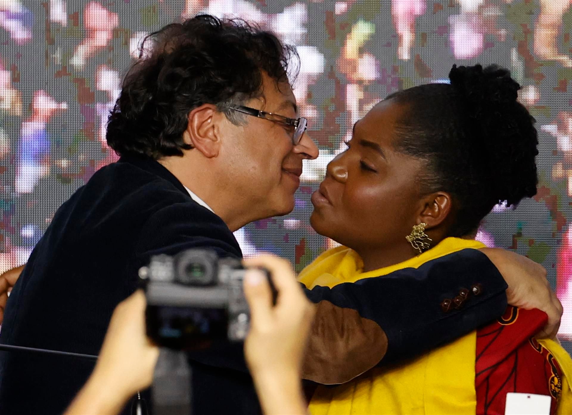 Colombian presidential candidate Gustavo Petro greets his vice-presidential candidate, Francia Márquez, at the end of the first round of elections.  (EFE/Mauricio Dueñas Castañeda).