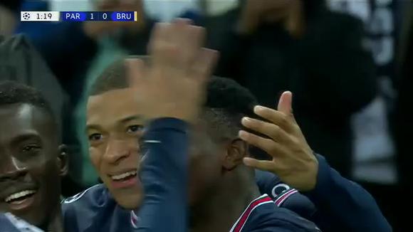 Gol de Mbappé para el 1-0 de PSG vs Brujas en Champions League. (Fuente: ESPN)