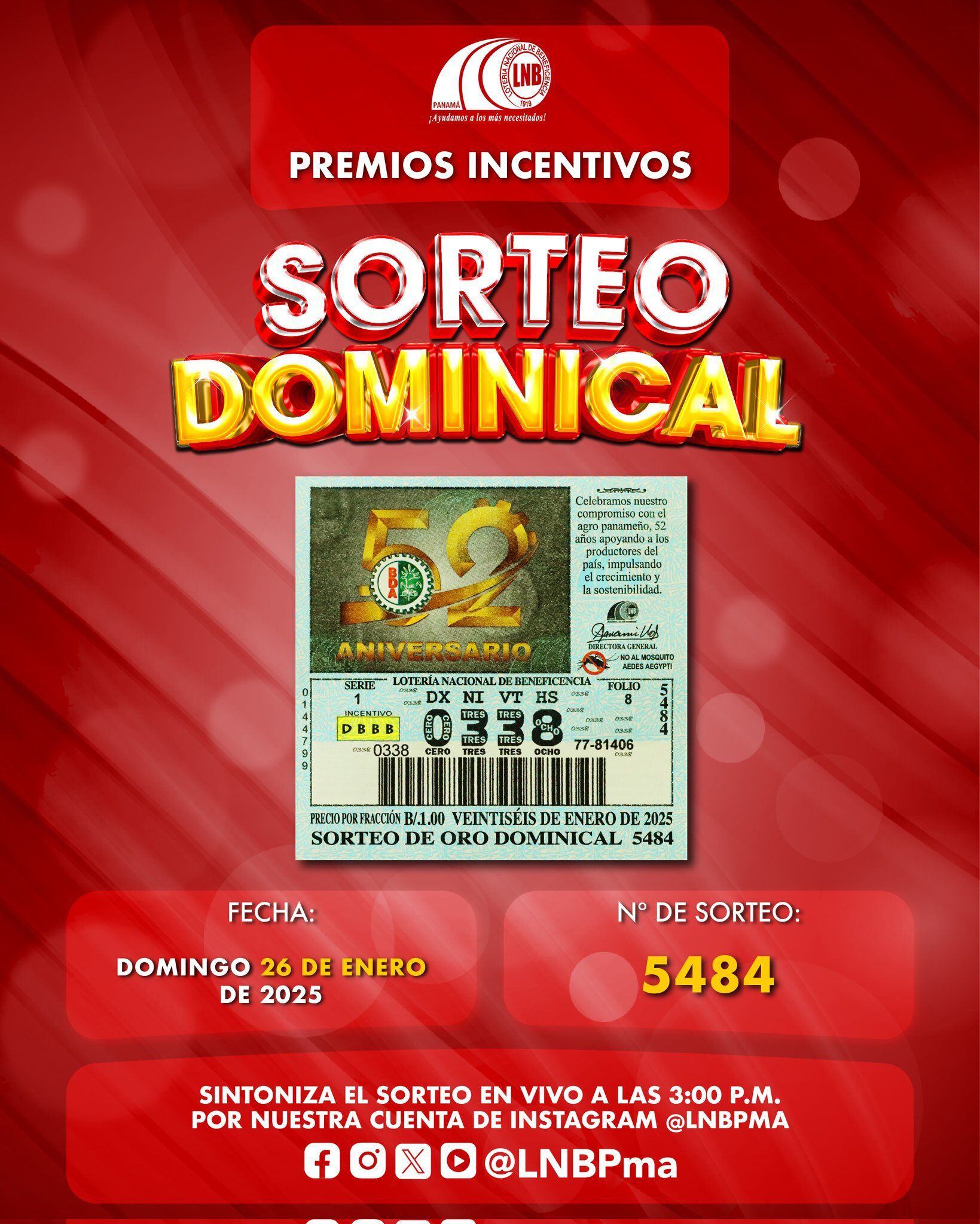 Conoce el billete para el sorteo Dominical del domingo 26 de enero.