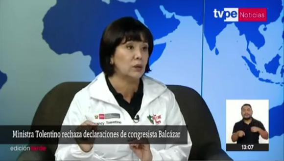 Nancy Tolentino rechaza declaraciones del congresista José Balcazar. (Foto: TV Perú)