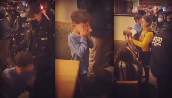 Una mujer y su hijo fueron sacados de un restaurante de Nueva York por no demostrar que estaban vacunados contra el coronavirus. (Captura de video),