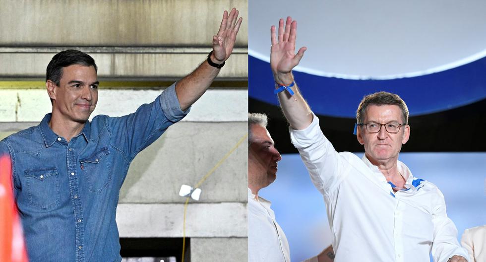 El candidato a la reelección del Partido Socialista (PSOE) Pedro Sánchez (izq) y el líder y candidato del conservador Partido Popular Alberto Núñez Feijoo. (Foto de JAVIER SORIANO y OSCAR DEL POZO / AFP).