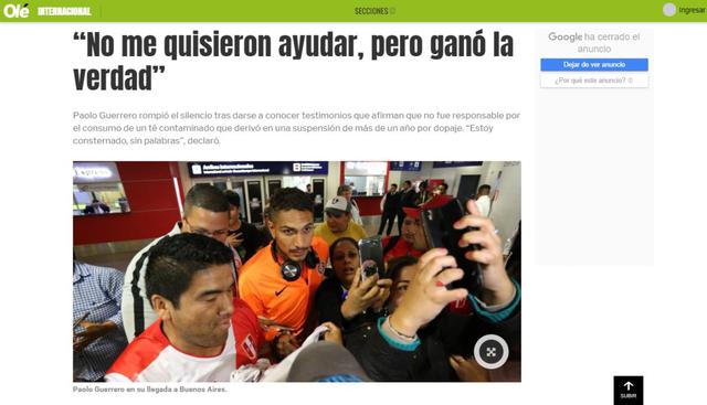 Olé de Argentina recoge la reacción de Paolo Guerrero tras los testimonios que afirman que el Swissotel tuvo responsabilidad en el doping del delantero peruano..