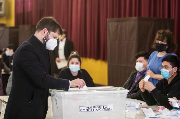 Chile's President Gabriel Boric votes in a referendum to accept or reject the proposed constitution.  AP 