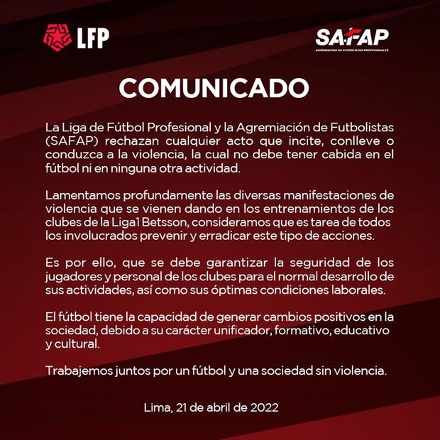 Liga 1 y SAFAP emiten comunicado tras los hechos violentos contra jugadores de Universitario.