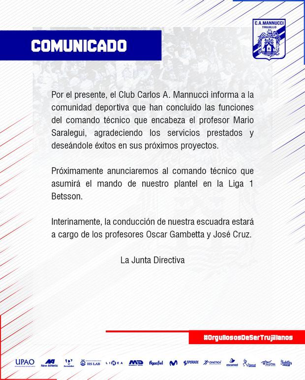 Carlos A. Mannucci anunció la salida del entrenador Mario Saralegui.