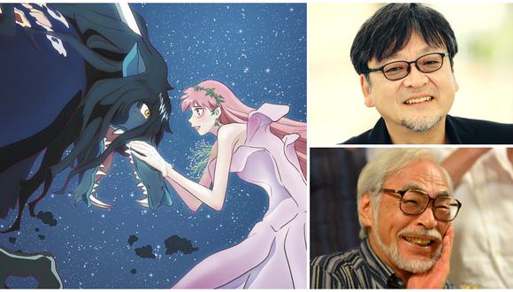 A la izquierda, el arte principal de "Belle", película de animación japonesa inspirada en el relato "La bella y la bestia" que llega a los cines en enero del 2022. Superior derecha: Mamoru Hosoda (Toyama, 1967) es el director de la cinta; considerado el sucesor de Hayao Miyazaki (inferior derecha), ganador del Oscar por "El viaje de Chihiro". (Fotos: BF Distribution/ AFP)