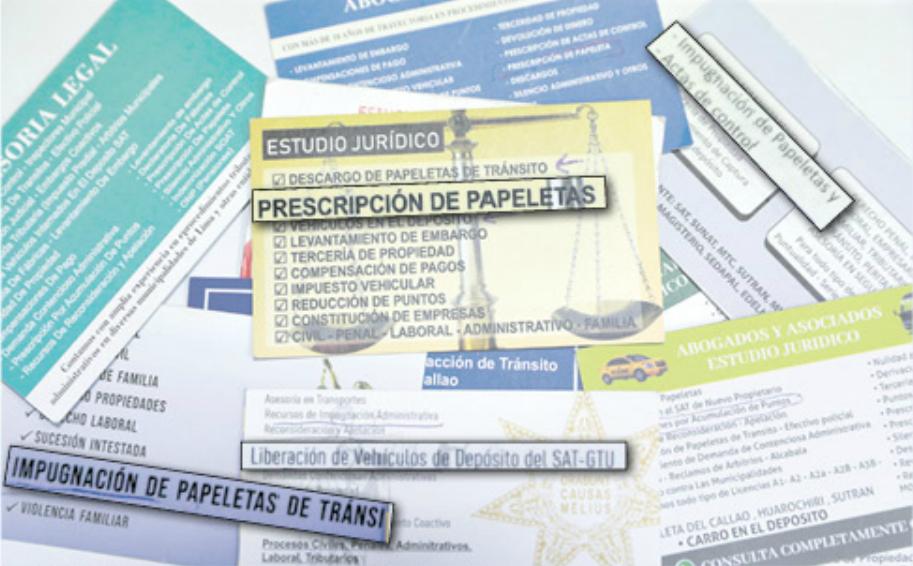 Las tarjetas de los abogados ofrecen el servicio de “prescripción de papeletas” de manera explícita a los infractores. (Foto: Hugo Pérez)
