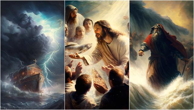 El arca de Noé, Jesús multiplicando los peces y panes y Moisés cruzando el mar rojo.