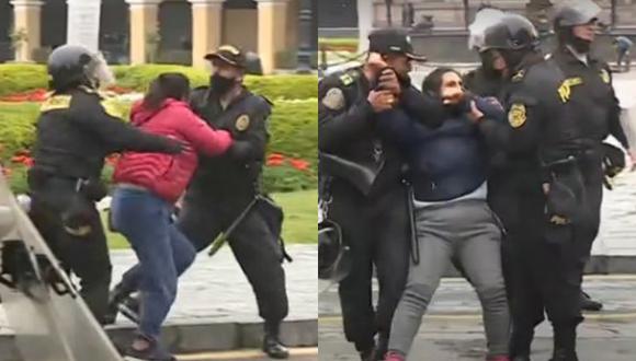 Un grupo de trabajadores de limpieza de la Municipalidad de Lima protestó en la Plaza Mayor de Lima y fue retirado por personal de la PNP | Foto: Composición / Captura de video