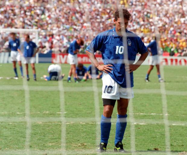 Roberto Baggio looking down after missing his penalty against Brazil in the 1994 World Cup final (Photo: AP)