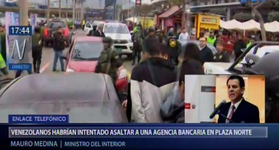 Los venezolanos detenidos habrían intentado robar una agencia bancaria en el centro comercial Plaza Norte. (Foto: Captura Canal N)