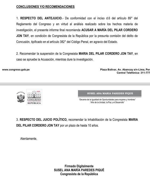 Informe final contra la legisladora María Cordero