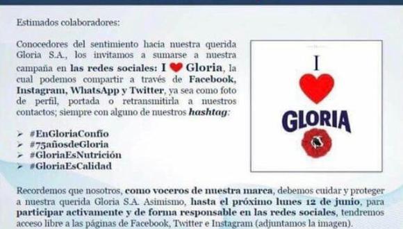 Este es el mensaje que el Grupo Gloria compartió con sus trabajadores para alentar la campaña en redes sociales. (Foto: Difusión)