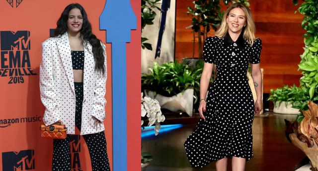 Estrellas como Rosalía y Scarlett Johansson han apostado por el estampado polka dots para configurar sus tenidas, cada una con diferentes estilismos. (Fotos: AFP/ Instagram)